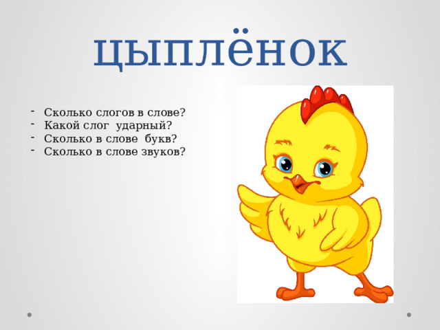цыплёнок Сколько слогов в слове? Какой слог ударный? Сколько в слове букв? Сколько в слове звуков? 