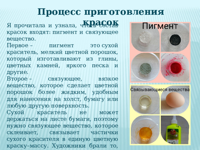 Процесс приготовления красок Я прочитала и узнала, что в состав красок входят: пигмент и связующее вещество. Первое – пигмент это сухой краситель, мелкий цветной порошок, который изготавливают из глины, цветных камней, яркого песка и другие. Второе – связующее, вязкое вещество, которое сделает цветной порошок более жидким, удобным для нанесения на холст, бумагу или любую другую поверхность. Сухой краситель не может держаться на листе бумаги, поэтому нужно связующее вещество, которое склеивает, связывает частички сухого красителя в единую цветную краску–массу. Художники брали то, что было под рукой: масло, мёд, яйцо и т.д. Разные связующие вещества дают разные краски с разными названиями. 