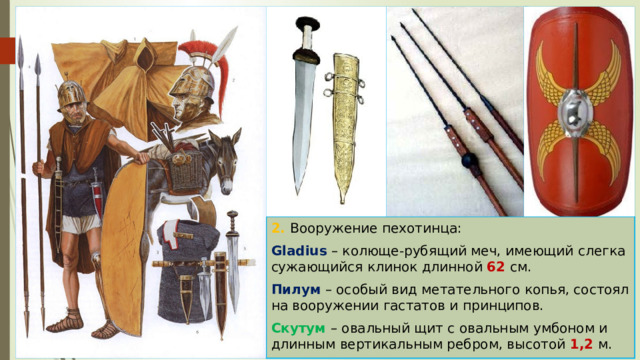 2. Вооружение пехотинца: Gladius – колюще-рубящий меч, имеющий слегка сужающийся клинок длинной 62 см. Пилум – особый вид метательного копья, состоял на вооружении гастатов и принципов. Скутум  – овальный щит с овальным умбоном и длинным вертикальным ребром, высотой 1,2 м. 