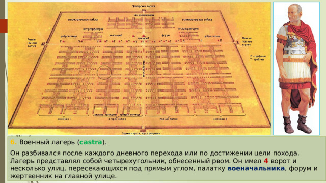 6. Военный лагерь ( castra ). Он разбивался после каждого дневного перехода или по достижении цели похода. Лагерь представлял собой четырехугольник, обнесенный рвом. Он имел 4 ворот и несколько улиц, пересекающихся под прямым углом, палатку военачальника , форум и жертвенник на главной улице. 