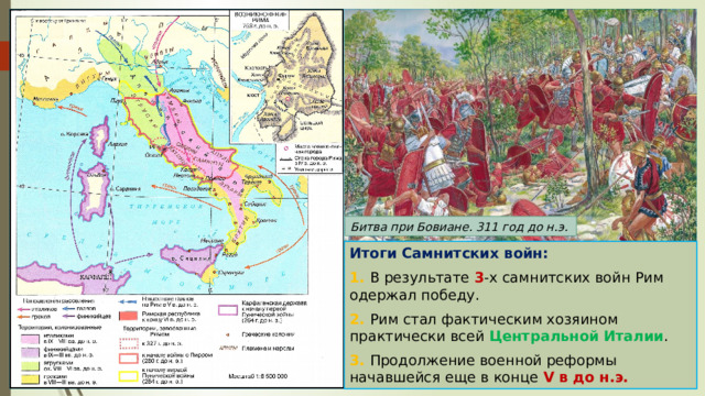 Битва при Бовиане. 311 год до н.э. Итоги Самнитских войн: 1. В результате 3 -х самнитских войн Рим одержал победу. 2. Рим стал фактическим хозяином практически всей Центральной  Италии . 3. Продолжение военной реформы начавшейся еще в конце V в до н.э. 