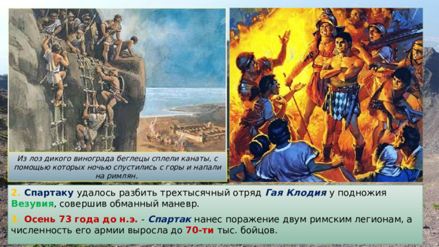 Из лоз дикого винограда беглецы сплели канаты, с помощью которых ночью спустились с горы и напали на римлян. 2. Спартаку удалось разбить трехтысячный отряд Гая Клодия у подножия Везувия , совершив обманный маневр. 3. Осень 73 года до н.э. - Спартак нанес поражение двум римским легионам, а численность его армии выросла до 70-ти тыс. бойцов. 