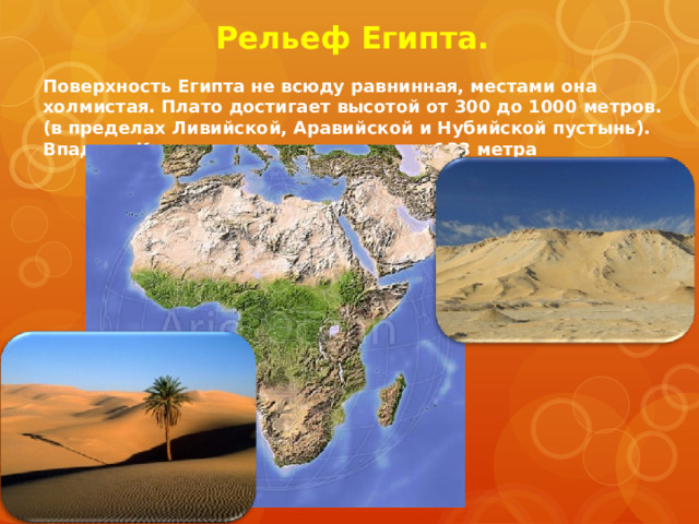 Рельеф Египта. Поверхность Египта не всюду равнинная, местами она холмистая. Плато достигает высотой от 300 до 1000 метров. (в пределах Ливийской, Аравийской и Нубийской пустынь). Впадина Каттар ниже уровня моря на 133 метра 