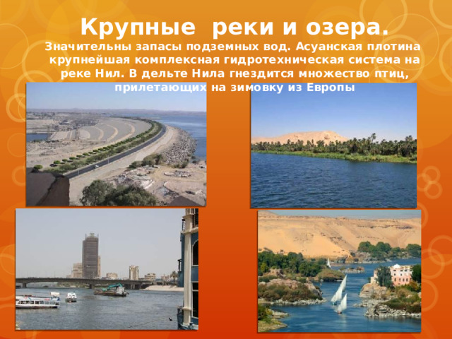 Крупные реки и озера. Значительны запасы подземных вод. Асуанская плотина крупнейшая комплексная гидротехническая система на реке Нил. В дельте Нила гнездится множество птиц, прилетающих на зимовку из Европы 