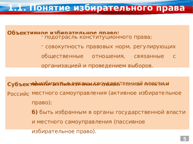 1.1. Понятие избирательного права Объективное избирательное право:  подотрасль конституционного права;  совокупность правовых норм, регулирующих общественные отношения, связанные с организацией и проведением выборов. Субъективное избирательное право - право граждан Российской Федерации: а ) избирать в органы государственной власти и местного самоуправления (активное избирательное право); б) быть избранным в органы государственной власти и местного самоуправления (пассивное избирательное право). 5 