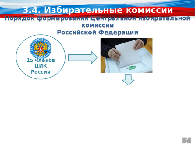 3.4. Избирательные комиссии Порядок формирования Центральной избирательной комиссии  Российской Федерации 15 членов ЦИК России 51 