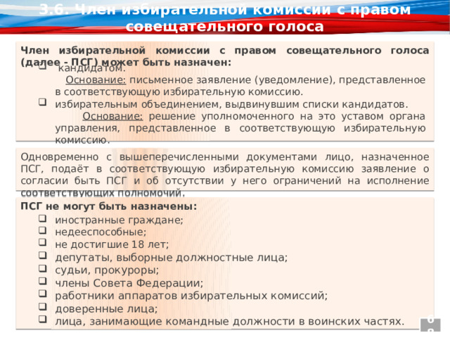 3.6. Член избирательной комиссии с правом совещательного голоса Член избирательной комиссии с правом совещательного голоса (далее - ПСГ) может быть назначен:    кандидатом.  Основание: письменное заявление (уведомление), представленное в соответствующую избирательную комиссию. избирательным объединением, выдвинувшим списки кандидатов.  Основание: решение уполномоченного на это уставом органа управления, представленное в соответствующую избирательную комиссию. Одновременно с вышеперечисленными документами лицо, назначенное ПСГ, подаёт в соответствующую избирательную комиссию заявление о согласии быть ПСГ и об отсутствии у него ограничений на исполнение соответствующих полномочий.   ПСГ не могут быть назначены:    иностранные граждане; недееспособные; не достигшие 18 лет ; депутаты, выборные должностные лица; судьи, прокуроры; члены Совета Федерации; работники аппаратов избирательных комиссий; доверенные лица; лица, занимающие командные должности в воинских частях. 68 