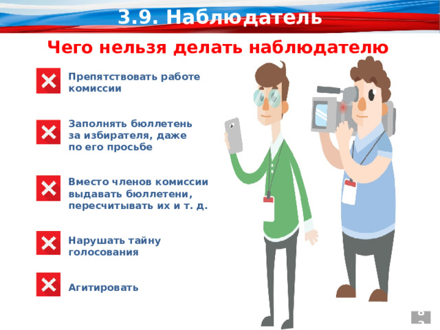 3.9. Наблюдатель ЧЕГО НЕЛЬЗЯ ДЕЛАТЬ НАБЛЮДАТЕЛЮ Чего нельзя делать наблюдателю Препятствовать работе комиссии   Заполнять бюллетень за избирателя, даже по его просьбе   Вместо членов комиссии выдавать бюллетени, пересчитывать их и т. д.   Нарушать тайну голосования   Агитировать 83  