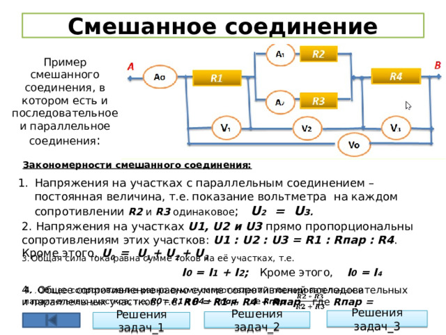 Смешанное соединение Пример смешанного соединения, в котором есть и последовательное и параллельное соединения : Закономерности смешанного соединения: Напряжения на участках с параллельным соединением – постоянная величина, т.е . показание вольтметра на каждом сопротивлении R2 и R3 одинаковое ; U 2 = U 3.  2. Напряжения на участках U1, U2 и U3 прямо пропорциональны сопротивлениям этих участков: U1 : U2 : U3 = R1 : Rпар : R4 . Кроме этого, U 0 = U 1 + U 2 + U 3 3 .  Общая сила тока равна сумме токов на её участках, т.е.  I 0 = I 1 + I 2 ; Кроме этого, I 0 = I 4  4. . Общее сопротивление равно сумме сопротивлений последовательных и параллельных участков, т.е. R0 = R1 + R4 + Rпар , где Rпар =   Решения задач_3 Решения задач_2 Решения задач_1  