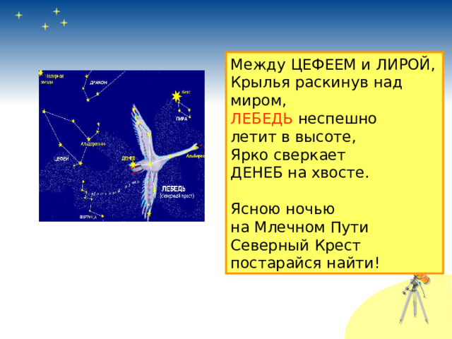 Между ЦЕФЕЕМ и ЛИРОЙ, Крылья раскинув над миром, ЛЕБЕДЬ неспешно летит в высоте, Ярко сверкает ДЕНЕБ на хвосте. Ясною ночью на Млечном Пути Северный Крест постарайся найти! 