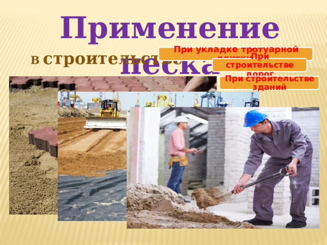 Применение песка В строительстве При укладке тротуарной плитки При строительстве дорог При строительстве зданий 