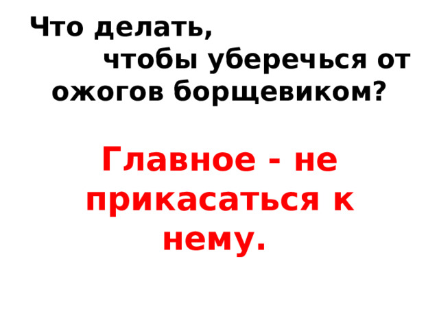 Что делать, чтобы уберечься от ожогов борщевиком?   Главное - не прикасаться к нему.    