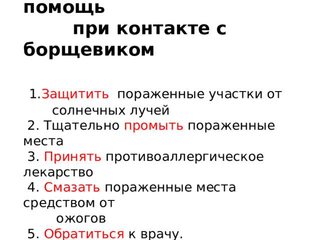  Первая помощь  при контакте с борщевиком    1. Защитить пораженные участки от  солнечных лучей  2. Тщательно промыть пораженные места  3. Принять противоаллергическое лекарство  4. Смазать пораженные места средством от  ожогов  5. Обратиться к врачу.   