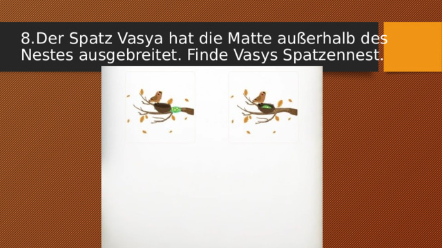 8.  Der Spatz Vasya hat die Matte außerhalb des Nestes ausgebreitet. Finde Vasys Spatzennest. 