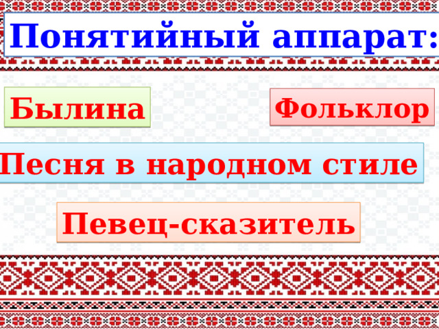 Понятийный аппарат: Былина Фольклор Песня в народном стиле Певец-сказитель 