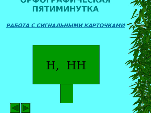 ОРФОГРАФИЧЕСКАЯ ПЯТИМИНУТКА   РАБОТА С СИГНАЛЬНЫМИ КАРТОЧКАМИ Н, НН 