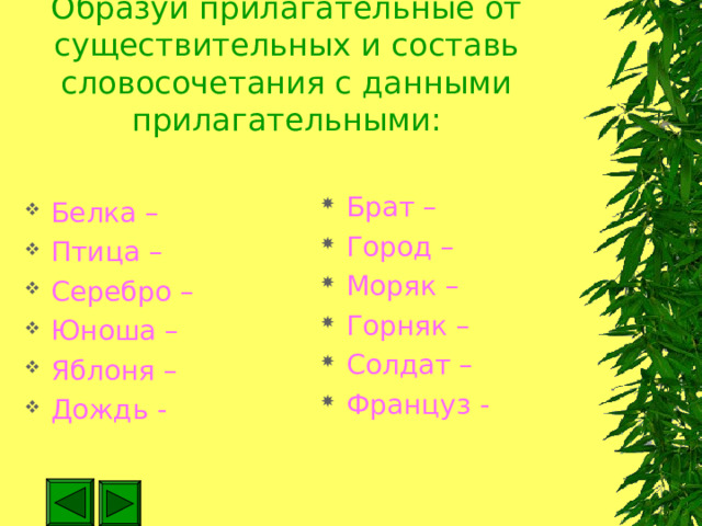 Образуй прилагательные от существительных и составь словосочетания с данными прилагательными: Брат – Город – Моряк – Горняк – Солдат – Француз - Белка – Птица – Серебро – Юноша – Яблоня – Дождь - 