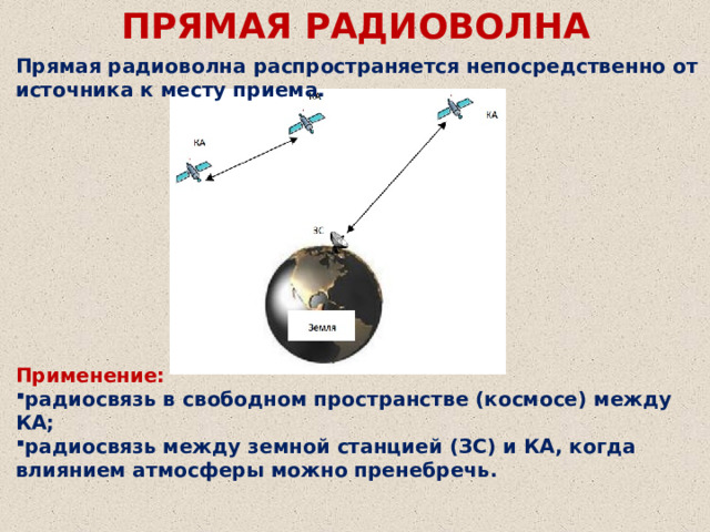 ПРЯМАЯ РАДИОВОЛНА Прямая радиоволна распространяется непосредственно от источника к месту приема. Применение: радиосвязь в свободном пространстве (космосе) между КА; радиосвязь между земной станцией (ЗС) и КА, когда влиянием атмосферы можно пренебречь. 