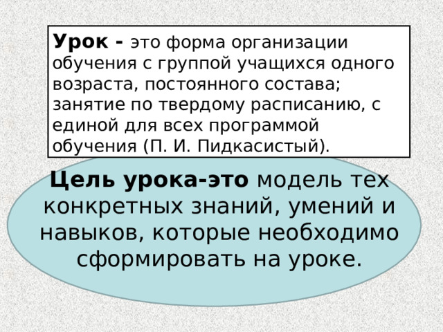 Урок - это форма организации обучения с группой учащихся одного возраста, постоянного состава; занятие по твердому расписанию, с единой для всех программой обучения (П. И. Пидкасистый). Цель урока-это модель тех конкретных знаний, умений и навыков, которые необходимо сформировать на уроке. 
