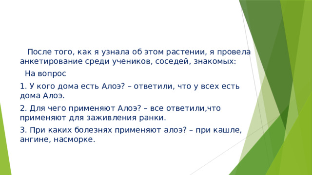 После того, как я узнала об этом растении, я провела анкетирование среди учеников, соседей, знакомых:  На вопрос 1. У кого дома есть Алоэ? – ответили, что у всех есть дома Алоэ. 2. Для чего применяют Алоэ? – все ответили,что применяют для заживления ранки. 3. При каких болезнях применяют алоэ? – при кашле, ангине, насморке. 