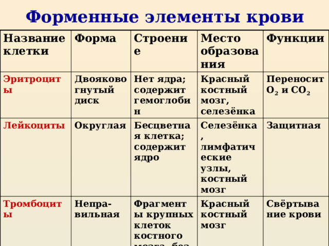 Форменные элементы крови Название клетки Форма Эритроциты Строение Двояковогнутый диск Лейкоциты Тромбоциты Место образования Нет ядра; содержит гемоглобин Округлая Функции Красный костный мозг, селезёнка Бесцветная клетка; содержит ядро Непра-вильная Фрагменты крупных клеток костного мозга, без ядра Переносит О 2 и СО 2 Селезёнка, лимфатические узлы, костный мозг Защитная Красный костный мозг Свёртывание крови 