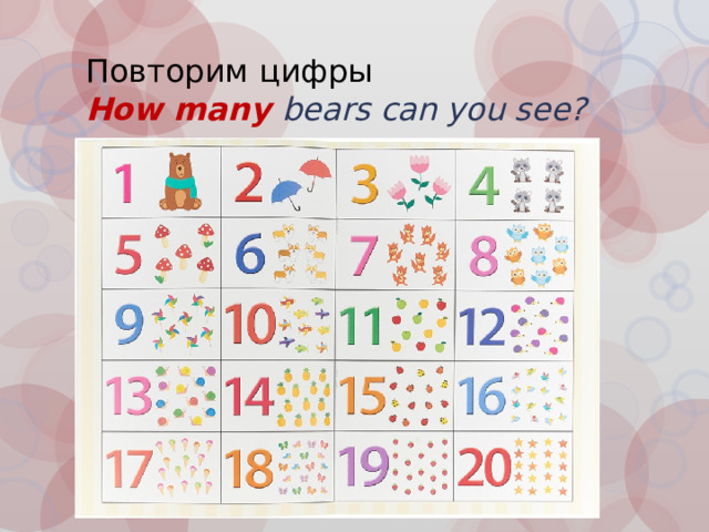 Повторим цифры  How many bears can you see? 