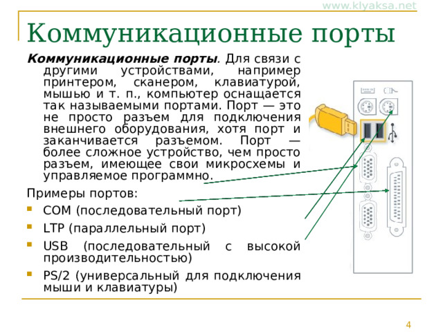 Коммуникационные порты Коммуникационные порты . Для связи с другими устройствами, например принтером, сканером, клавиатурой, мышью и т. п., компьютер оснащается так называемыми портами. Порт — это не просто разъем для подключения внешнего оборудования, хотя порт и заканчивается разъемом. Порт — более сложное устройство, чем просто разъем, имеющее свои микросхемы и управляемое программно. Примеры портов: COM (последовательный порт) LTP (параллельный порт) USB (последовательный с высокой производительностью) PS/2 (универсальный для подключения мыши и клавиатуры)  