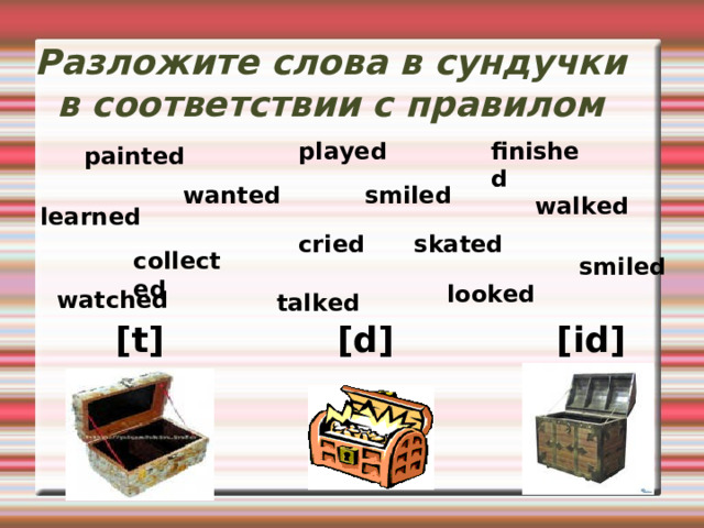  Окончание –ed  произносится    [d] Opened Closed Tried Lived studied [t] [id] Worked Cooked Checked Helped Mixed  Attended Decided Acted Visited needed 