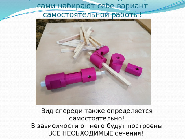 Невероятные возможности урока: ученики сами набирают себе вариант самостоятельной работы! Вид спереди также определяется самостоятельно! В зависимости от него будут построены ВСЕ НЕОБХОДИМЫЕ сечения! 