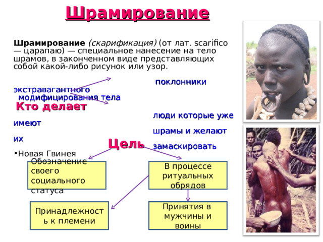 Шрамирование Шрамирование  (скарификация) (от лат. scarifico — царапаю) — специальное нанесение на тело шрамов, в законченном виде представляющих собой какой-либо рисунок или узор.  поклонники экстравагантного  модифицирования тела  Кто делает  люди которые уже имеют  шрамы и желают их  замаскировать Новая Гвинея Цель В процессе ритуальных обрядов Обозначение своего социального статуса Принадлежность к племени Принятия в мужчины и воины 
