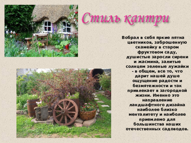 Вобрал в себя яркие пятна цветников, заброшенную скамейку в старом фруктовом саду, душистые заросли сирени и жасмина, залитые солнцем зеленые лужайки - в общем, все то, что дарит нашей душе ощущение радости и безмятежности и так привлекает в загородной жизни. Именно это направление ландшафтного дизайна наиболее близко менталитету и наиболее приемлемо для большинства наших отечественных садоводов. 