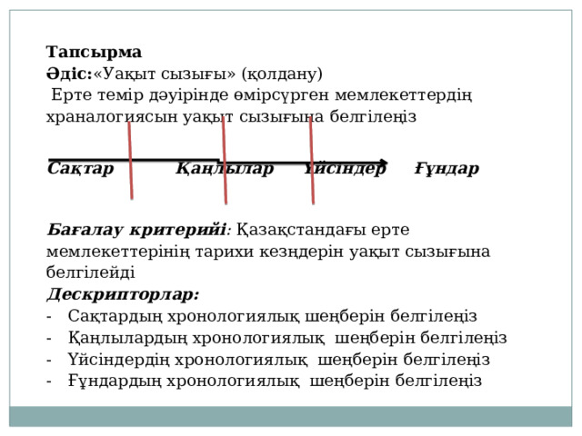 Тапсырма Әдіс: «Уақыт сызығы» (қолдану)  Ерте темір дәуірінде өмірсүрген мемлекеттердің храналогиясын уақыт сызығына белгілеңіз  Сақтар Қаңлылар Үйсіндер Ғұндар  Бағалау критерийі : Қазақстандағы ерте мемлекеттерінің тарихи кезңдерін уақыт сызығына белгілейді Дескрипторлар: Сақтардың хронологиялық шеңберін белгілеңіз Қаңлылардың хронологиялық шеңберін белгілеңіз Үйсіндердің хронологиялық шеңберін белгілеңіз Ғұндардың хронологиялық шеңберін белгілеңіз 