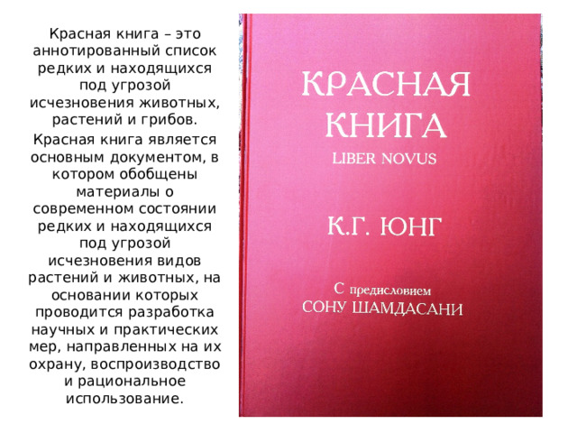 Красная книга – это аннотированный список редких и находящихся под угрозой исчезновения животных, растений и грибов. Красная книга является основным документом, в котором обобщены материалы о современном состоянии редких и находящихся под угрозой исчезновения видов растений и животных, на основании которых проводится разработка научных и практических мер, направленных на их охрану, воспроизводство и рациональное использование. 
