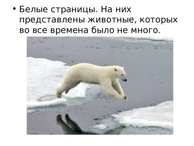 Белые страницы. На них представлены животные, которых во все времена было не много. 