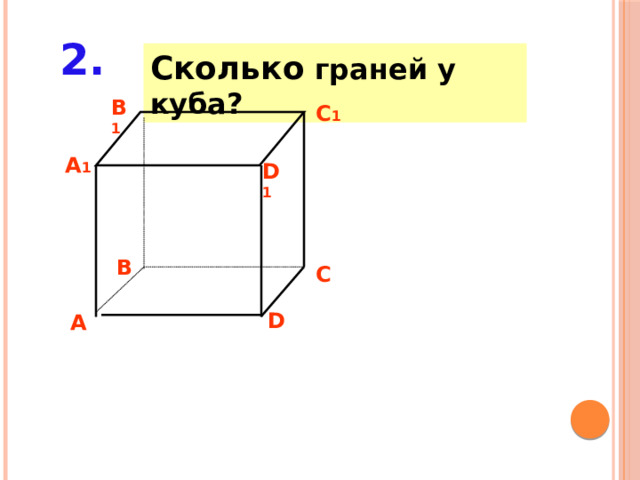 2. Сколько граней у куба? B 1 C 1 A 1 D 1 B C D A 