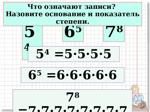 Что означают записи? Назовите основание и показатель степени. 5 4 6 5 7 8 5 4 =5·5·5·5 6 5 =6·6·6·6·6 7 8 =7·7·7·7·7·7·7·7 
