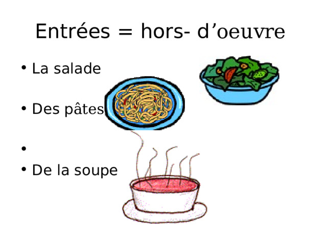 Entrées = hors- d ʼoeuvre  La salade Des p âtes De la soupe 