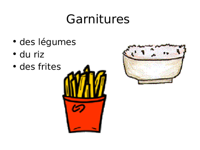 Garnitures des légumes du riz des frites 