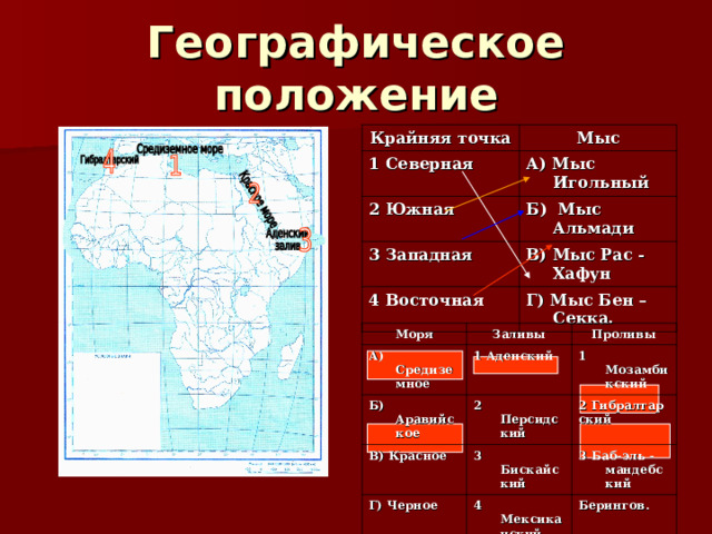 Географическое положение Крайняя точка Мыс 1 Северная А) Мыс Игольный 2 Южная Б) Мыс Альмади 3 Западная В) Мыс Рас - Хафун 4 Восточная Г) Мыс Бен – Секка. Моря А) Средиземное Заливы Б) Аравийское 1 Аденский Проливы В) Красное 1 Мозамбикский 2 Персидский Г) Черное 3 Бискайский 2 Гибралтар ский 4 Мексиканский 3 Баб-эль -мандебский Берингов. 