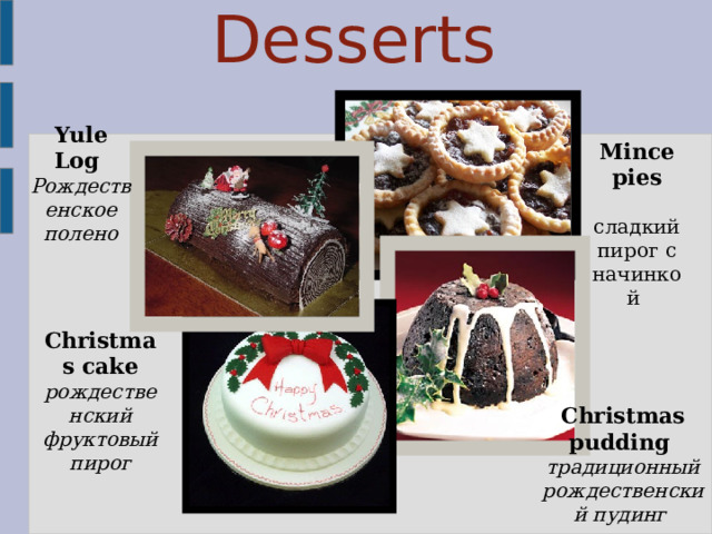 Christmas Desserts Yule Log Рождественское полено Mince pies  сладкий пирог с начинкой Christmas cake рождественский фруктовый пирог Christmas pudding традиционный рождественский пудинг 