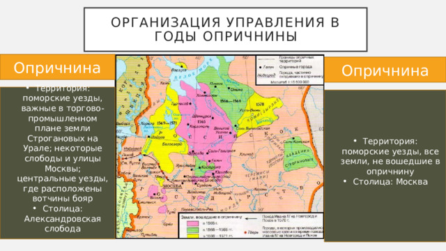 Организация управления в годы опричнины Опричнина Опричнина Территория: поморские уезды, важные в торгово-промышленном плане земли Строгановых на Урале; некоторые слободы и улицы Москвы; центральные уезды, где расположены вотчины бояр Столица: Александровская слобода Территория: поморские уезды, все земли, не вошедшие в опричнину Столица: Москва 