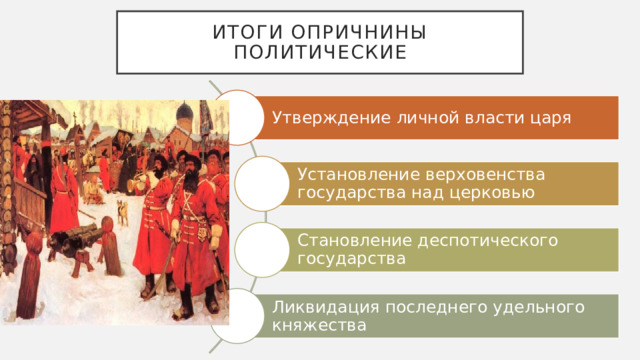 Итоги опричнины  политические Утверждение личной власти царя Установление верховенства государства над церковью Становление деспотического государства Ликвидация последнего удельного княжества 