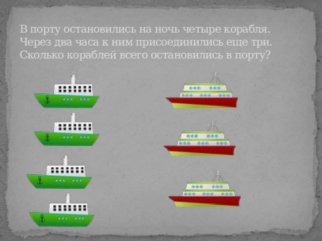 В порту остановились на ночь четыре корабля. Через два часа к ним присоединились еще три. Сколько кораблей всего остановились в порту? 
