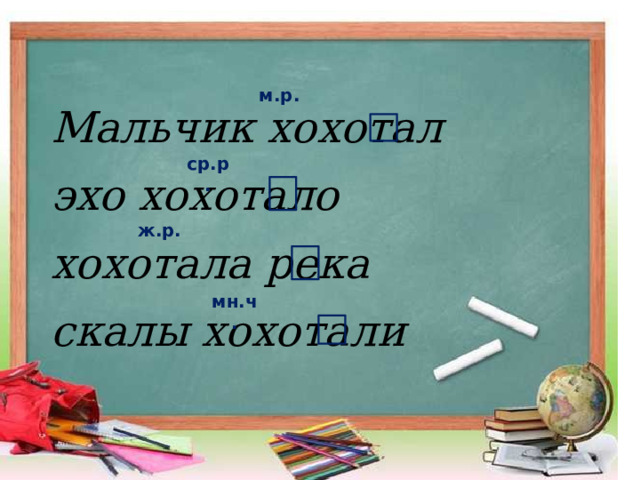 м.р. Мальчик хохотал эхо хохотало хохотала река скалы хохотали ср.р. ж.р. мн.ч. 1 