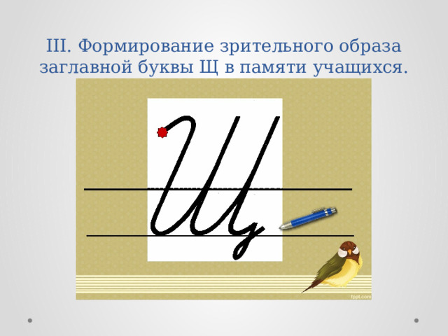 III. Формирование зрительного образа заглавной буквы Щ в памяти учащихся. 