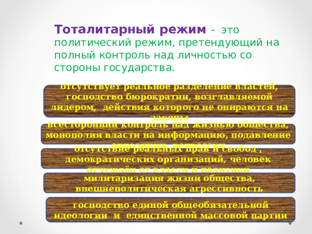 Тоталитарный режим - это политический режим, претендующий на полный контроль над личностью со стороны государства.  Признаки отсутствует реальное разделение властей, господство бюрократии, возглавляемой лидером, действия которого не опираются на законы всесторонний контроль над жизнью общества, монополия власти на информацию, подавление оппозиции, репрессии отсутствие реальных прав и свобод , демократических организаций, человек отчуждён от власти и политики милитаризация жизни общества, внешнеполитическая агрессивность господство единой общеобязательной идеологии и единственной массовой партии 