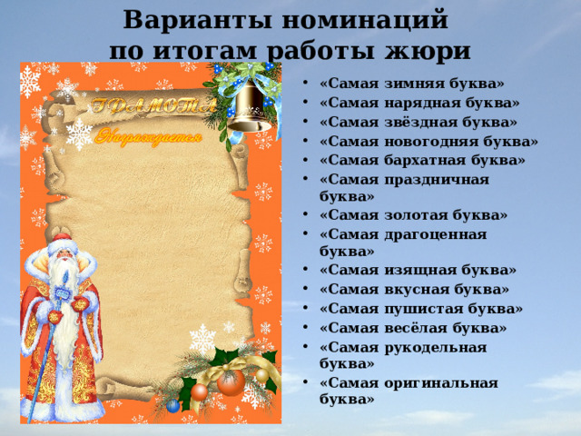 Варианты номинаций  по итогам работы жюри «Самая зимняя буква» «Самая нарядная буква» «Самая звёздная буква» «Самая новогодняя буква» «Самая бархатная буква» «Самая праздничная буква» «Самая золотая буква» «Самая драгоценная буква» «Самая изящная буква» «Самая вкусная буква» «Самая пушистая буква» «Самая весёлая буква» «Самая рукодельная буква» «Самая оригинальная буква» 