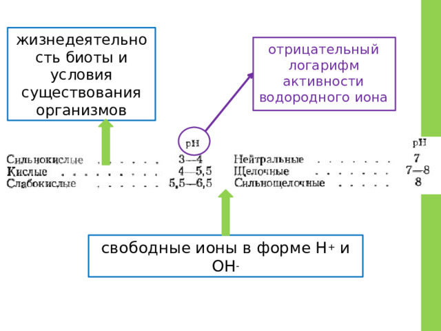 жизнедеятельность биоты и условия существования организмов отрицательный логарифм активности водородного иона свободные ионы в форме H + и OH - 