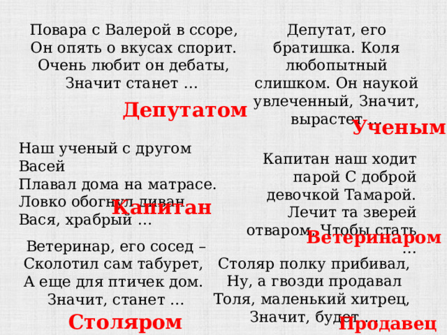 Повара с Валерой в ссоре, Депутат, его братишка. Коля любопытный слишком. Он наукой увлеченный, Значит, вырастет … Он опять о вкусах спорит. Очень любит он дебаты, Значит станет … Депутатом Ученым Наш ученый с другом Васей Плавал дома на матрасе. Ловко обогнул диван Вася, храбрый … Капитан наш ходит парой С доброй девочкой Тамарой. Лечит та зверей отваром, Чтобы стать … Капитан Ветеринаром Ветеринар, его сосед – Сколотил сам табурет, А еще для птичек дом. Значит, станет … Столяр полку прибивал,  Ну, а гвозди продавал Толя, маленький хитрец, Значит, будет … Столяром Продавец 