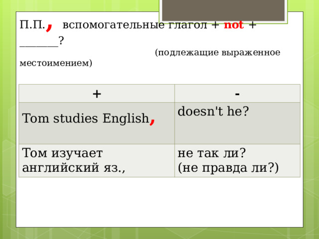 П.П. , вспомогательные глагол + not  + _______ ?   ( подлежащие выраженное местоимением) + - Tom studies English ,   doesn't he? Том изучает английский яз., не так ли? (не правда ли?) 